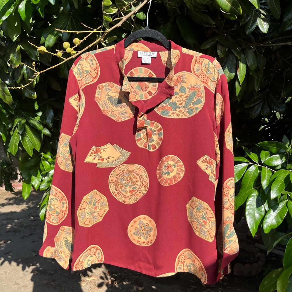 CITRON red silk ruffle long sleeve boxy Asian motif bird floral shirt blouse